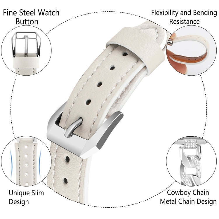 For Apple Watch Ultra 49mm Rhinestone Denim Chain Leather Watch Band(Beige)