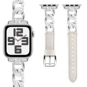 For Apple Watch Ultra 49mm Rhinestone Denim Chain Leather Watch Band(Beige)