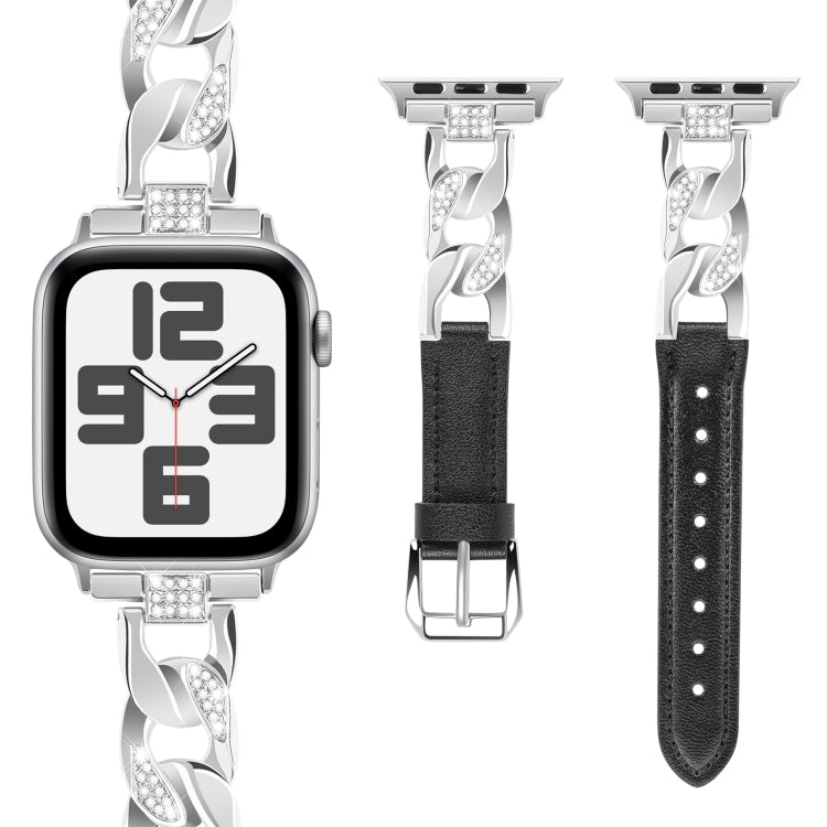 For  Apple Watch Series 8 41mm Rhinestone Denim Chain Leather Watch Band(Black)