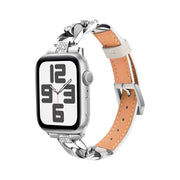 For  Apple Watch Series 8 41mm Rhinestone Denim Chain Leather Watch Band(Beige)