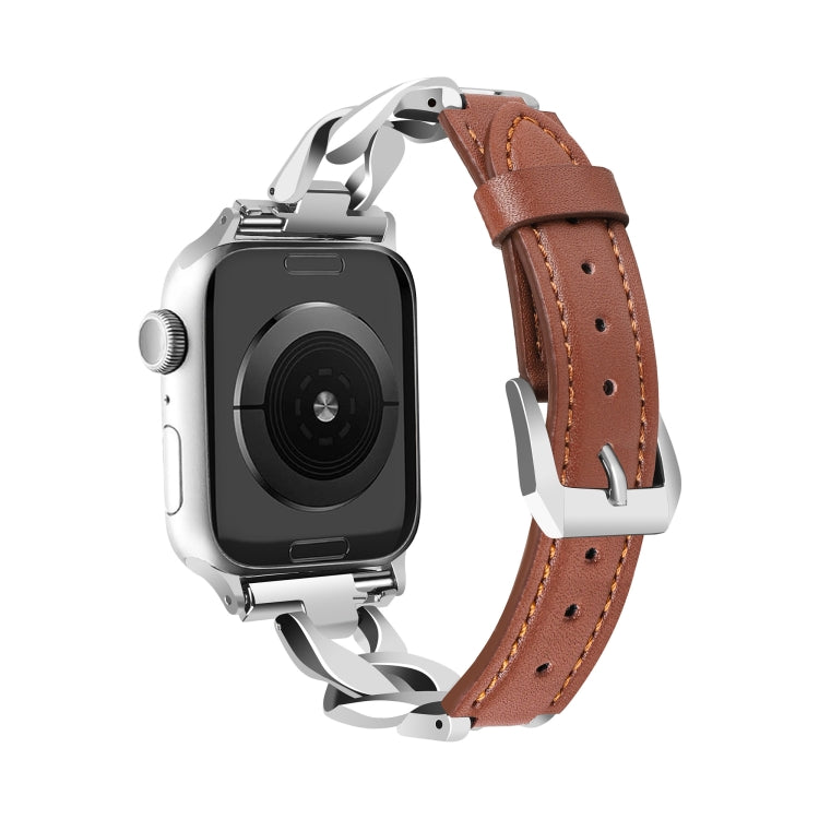 For Apple Watch SE 2022 40mm Rhinestone Denim Chain Leather Watch Band(Brown)