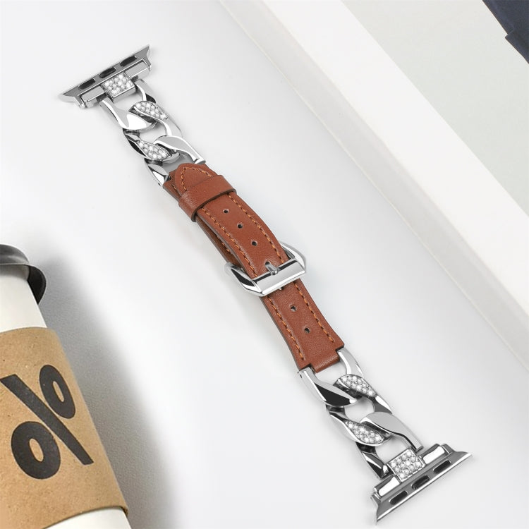 For Apple Watch SE 2022 40mm Rhinestone Denim Chain Leather Watch Band(Brown) - Watch Bands by PMC TechLife | Online Shopping South Africa | PMC TechLife