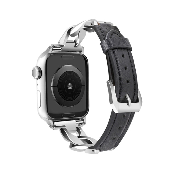 For Apple Watch SE 2022 44mm Rhinestone Denim Chain Leather Watch Band(Black)