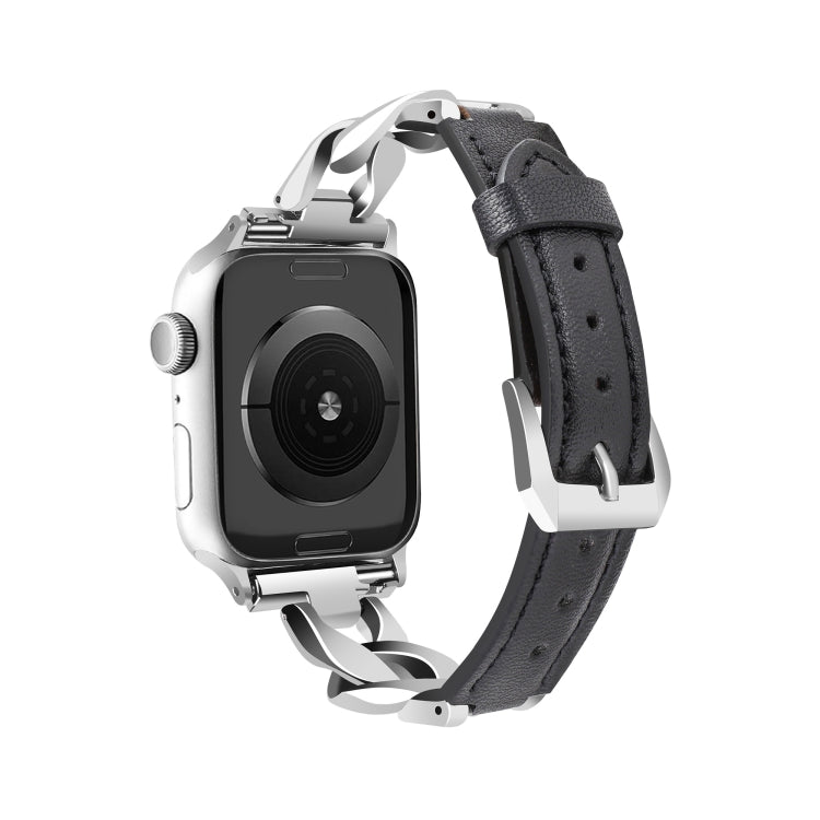 For Apple Watch Series 7 41mm Rhinestone Denim Chain Leather Watch Band(Black) - Watch Bands by PMC TechLife | Online Shopping South Africa | PMC TechLife | Buy Now Pay Later Mobicred