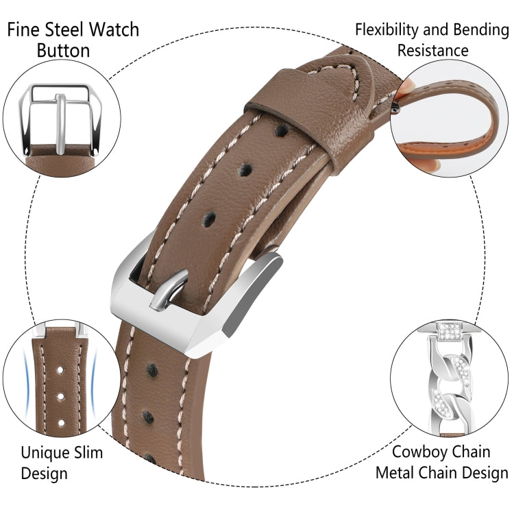 For Apple Watch Series 7 41mm Rhinestone Denim Chain Leather Watch Band(Dark Brown)