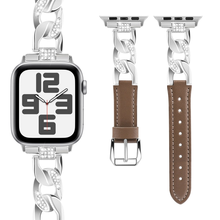 For Apple Watch Series 7 41mm Rhinestone Denim Chain Leather Watch Band(Dark Brown)
