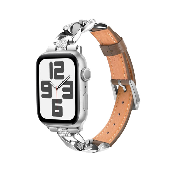 For Apple Watch Series 7 41mm Rhinestone Denim Chain Leather Watch Band(Dark Brown)