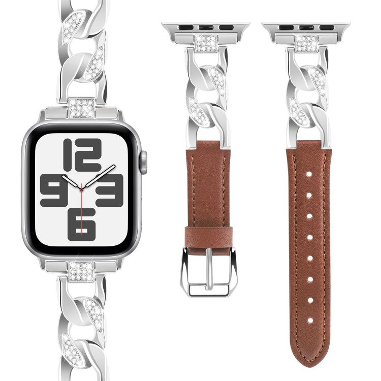 For Apple Watch Series 7 45mm Rhinestone Denim Chain Leather Watch Band(Brown)