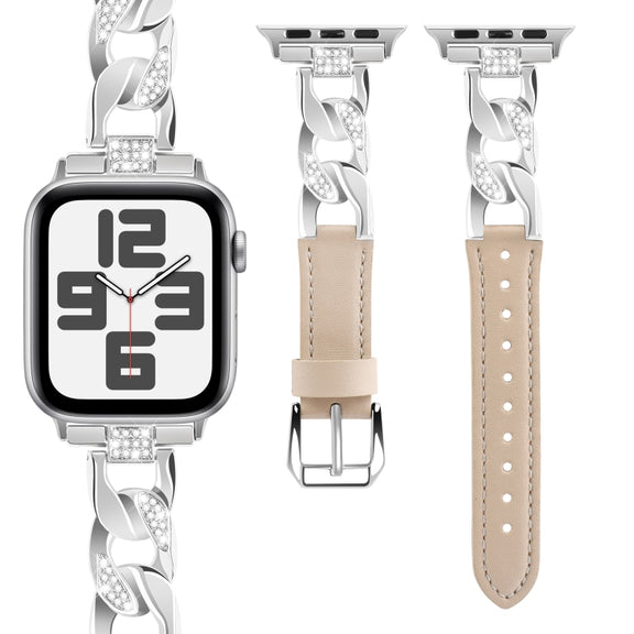 For Apple Watch Series 5 40mm Rhinestone Denim Chain Leather Watch Band(Apricot)