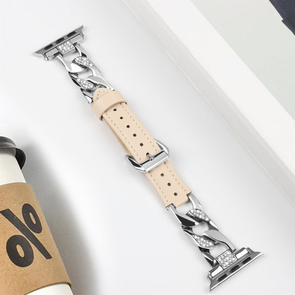 For Apple Watch Series 5 40mm Rhinestone Denim Chain Leather Watch Band(Apricot)