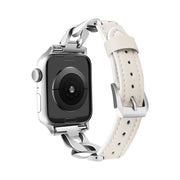 For Apple Watch Series 3 38mm Rhinestone Denim Chain Leather Watch Band(Beige)
