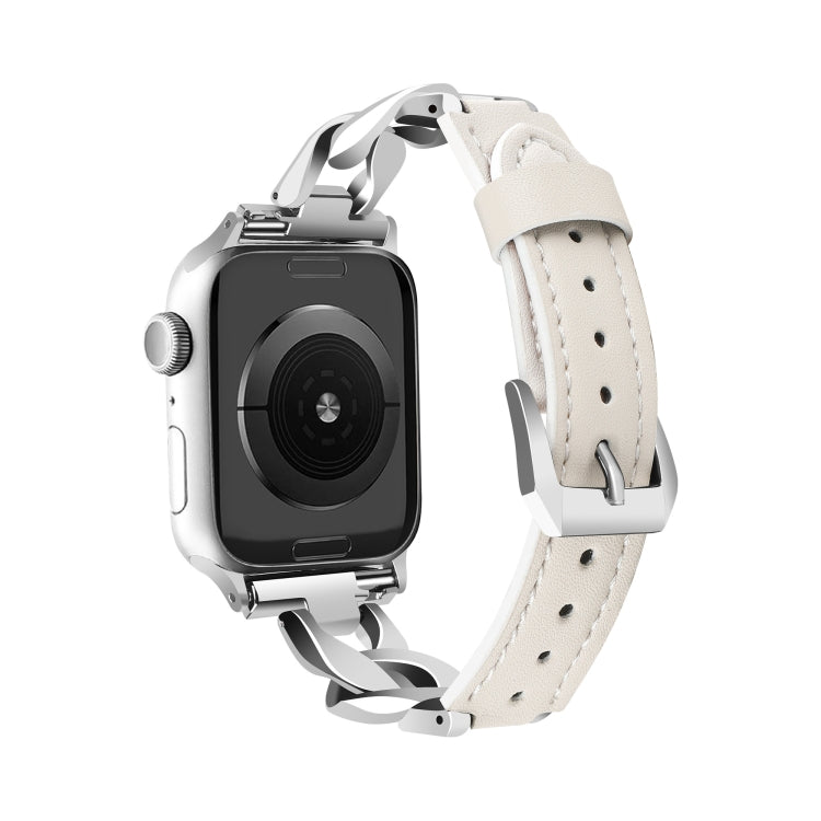 For Apple Watch Series 3 38mm Rhinestone Denim Chain Leather Watch Band(Beige)