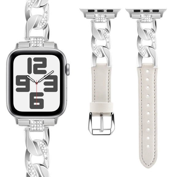 For Apple Watch Series 3 38mm Rhinestone Denim Chain Leather Watch Band(Beige)