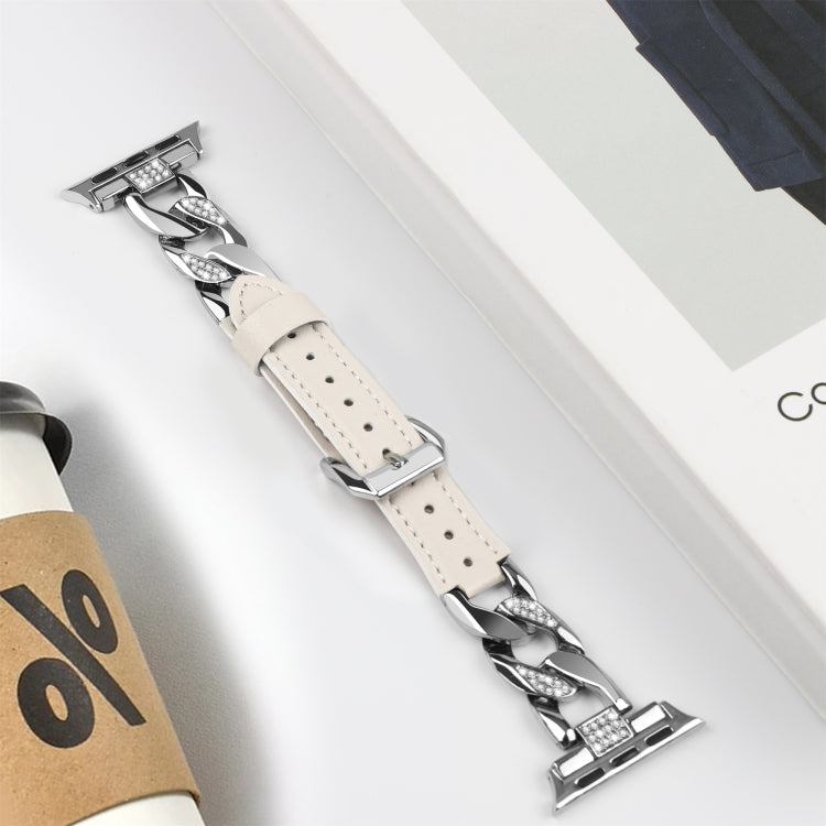 For Apple Watch Series 3 38mm Rhinestone Denim Chain Leather Watch Band(Beige)