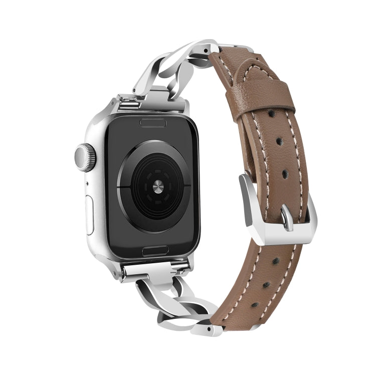 For Apple Watch Series 3 38mm Rhinestone Denim Chain Leather Watch Band(Dark Brown)