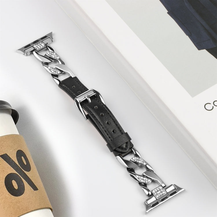 For Apple Watch Series 3 42mm Rhinestone Denim Chain Leather Watch Band(Black) - free shipping - PMC TechLife - Order now!