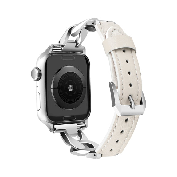 For Apple Watch Series 3 42mm Rhinestone Denim Chain Leather Watch Band(Beige)