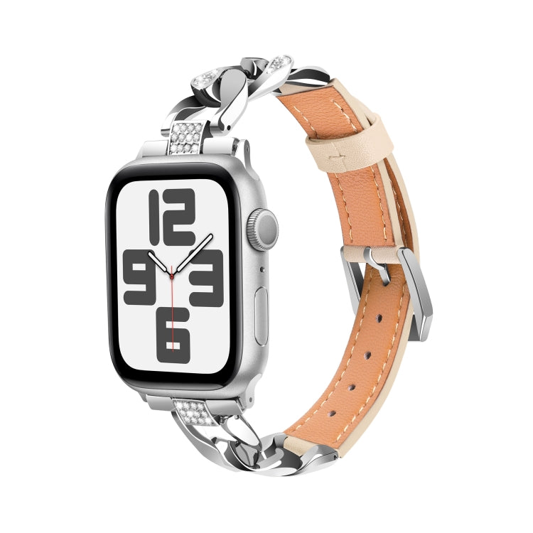 For Apple Watch Series 3 42mm Rhinestone Denim Chain Leather Watch Band(Apricot) - Watch Bands by PMC TechLife | Online Shopping South Africa | PMC TechLife | Buy Now Pay Later Mobicred