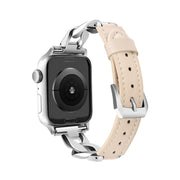 For Apple Watch Series 3 42mm Rhinestone Denim Chain Leather Watch Band(Apricot)
