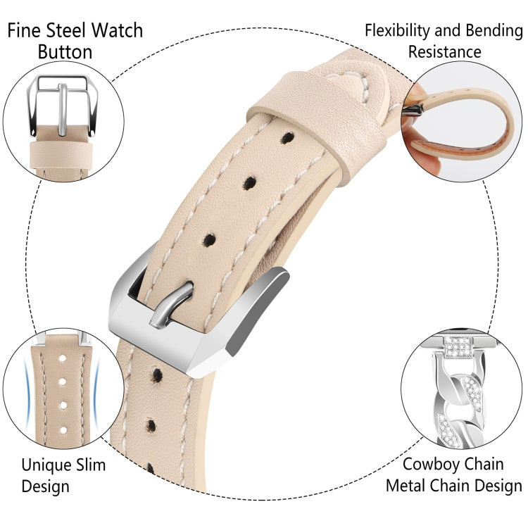 For Apple Watch Series 3 42mm Rhinestone Denim Chain Leather Watch Band(Apricot) - Watch Bands by PMC TechLife | Online Shopping South Africa | PMC TechLife | Buy Now Pay Later Mobicred