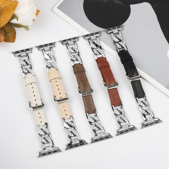 For Apple Watch Series 4 40mm Rhinestone Denim Chain Leather Watch Band(Brown)