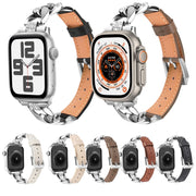 For Apple Watch Series 3 38mm Rhinestone Denim Chain Leather Watch Band(Beige)