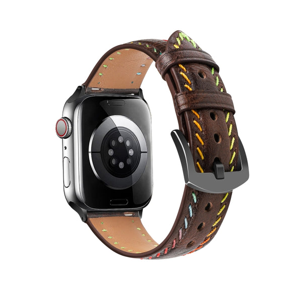 For  Apple Watch SE 2023 44mm Colorful Sewing Thread Leather Watch Band(Dark Brown)