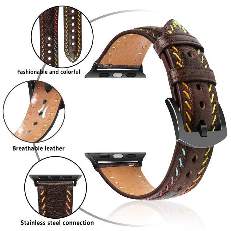 For  Apple Watch SE 2023 44mm Colorful Sewing Thread Leather Watch Band(Dark Brown)
