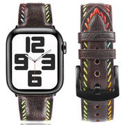 For  Apple Watch SE 2023 44mm Colorful Sewing Thread Leather Watch Band(Dark Brown)