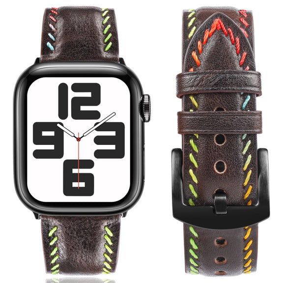 For  Apple Watch SE 2023 44mm Colorful Sewing Thread Leather Watch Band(Dark Brown)