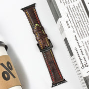 For  Apple Watch SE 2023 44mm Colorful Sewing Thread Leather Watch Band(Dark Brown)