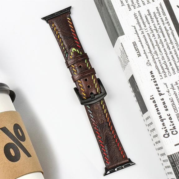 For  Apple Watch SE 2023 44mm Colorful Sewing Thread Leather Watch Band(Dark Brown)
