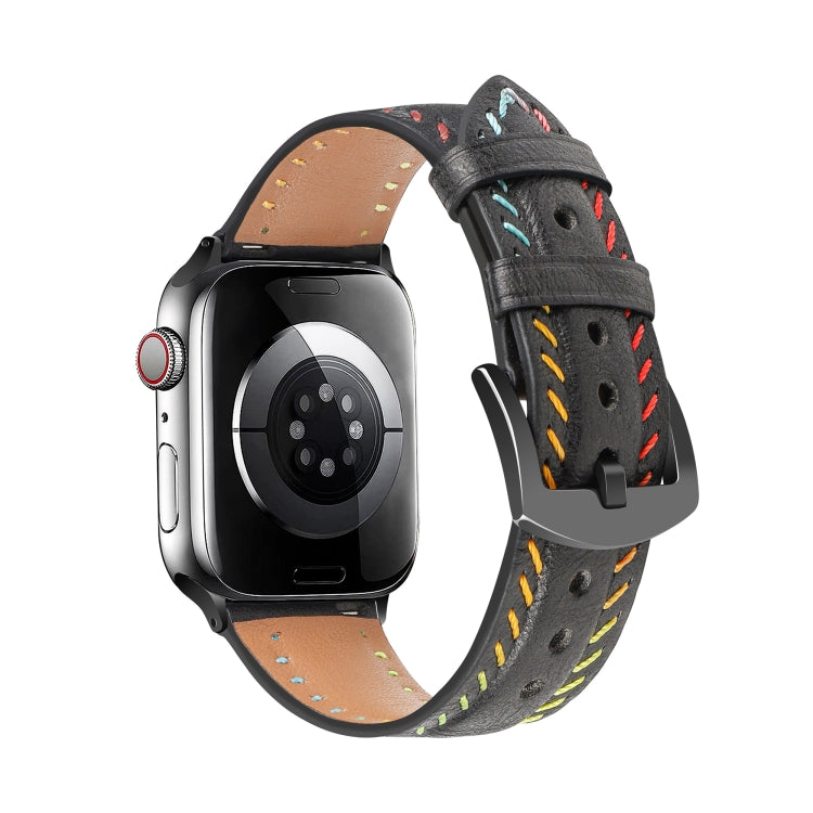 For Apple Watch SE 2023 40mm Colorful Sewing Thread Leather Watch Band(Black) - Watch Bands by PMC TechLife | Online Shopping South Africa | PMC TechLife