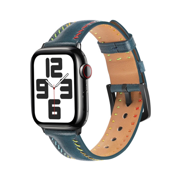 For Apple Watch Ultra 2 49mm Colorful Sewing Thread Leather Watch Band(Blue)