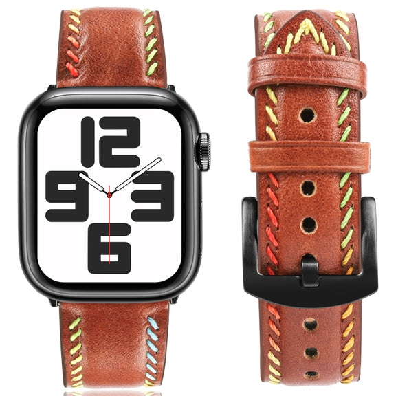 For Apple Watch Ultra 2 49mm Colorful Sewing Thread Leather Watch Band(Brown)