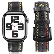 For Apple Watch Ultra 49mm Colorful Sewing Thread Leather Watch Band(Black)