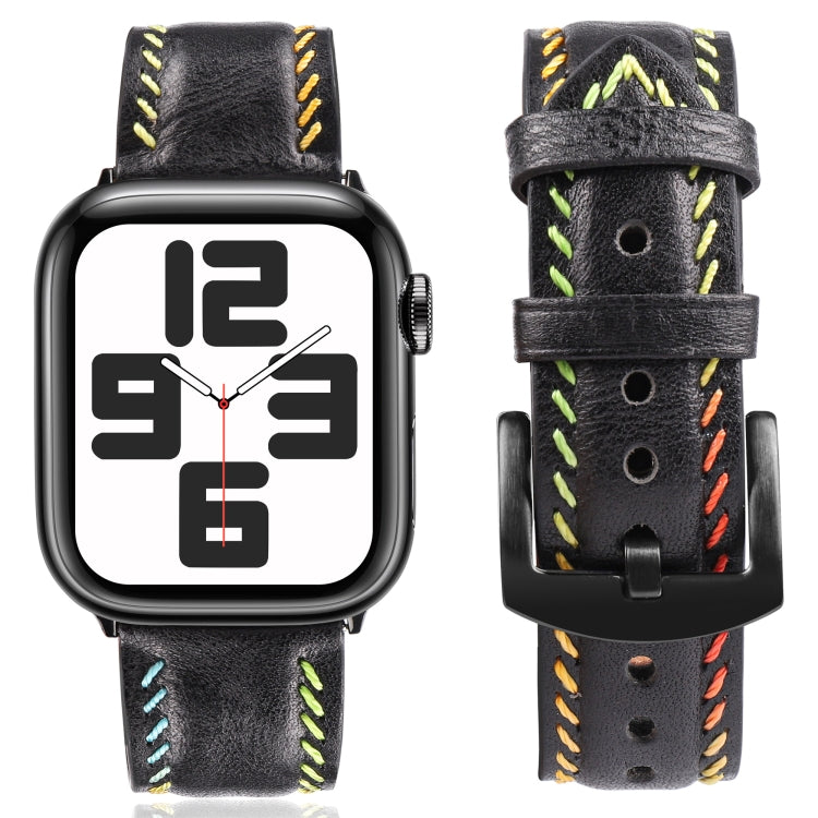 For Apple Watch Ultra 49mm Colorful Sewing Thread Leather Watch Band(Black)