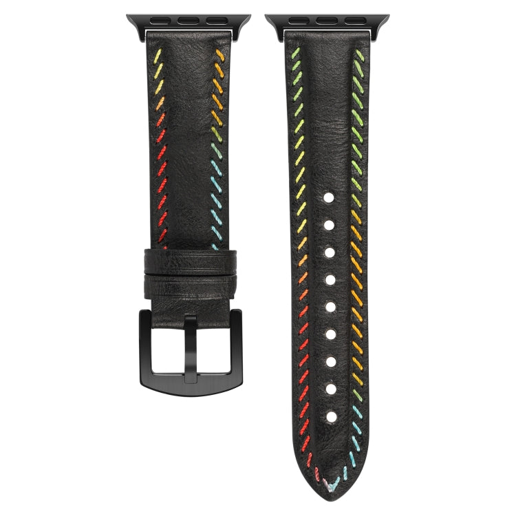 For Apple Watch Ultra 49mm Colorful Sewing Thread Leather Watch Band(Black)