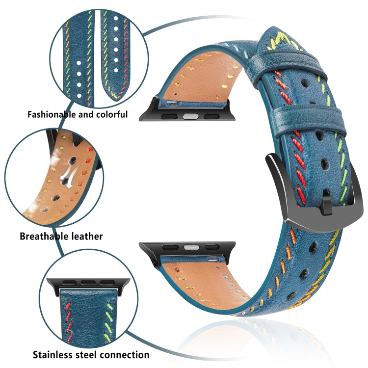For Apple Watch Ultra 49mm Colorful Sewing Thread Leather Watch Band(Blue) - Watch Bands by PMC TechLife | Online Shopping South Africa | PMC TechLife