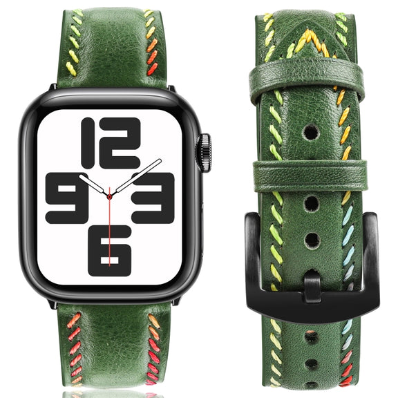 For Apple Watch Ultra 49mm Colorful Sewing Thread Leather Watch Band(Green)
