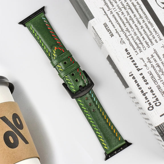 For Apple Watch Ultra 49mm Colorful Sewing Thread Leather Watch Band(Green)