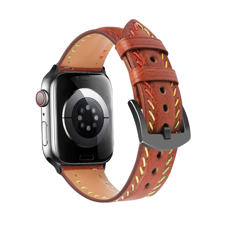 For Apple Watch Ultra 49mm Colorful Sewing Thread Leather Watch Band(Brown)