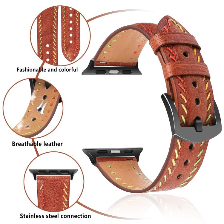 For Apple Watch Ultra 49mm Colorful Sewing Thread Leather Watch Band(Brown)