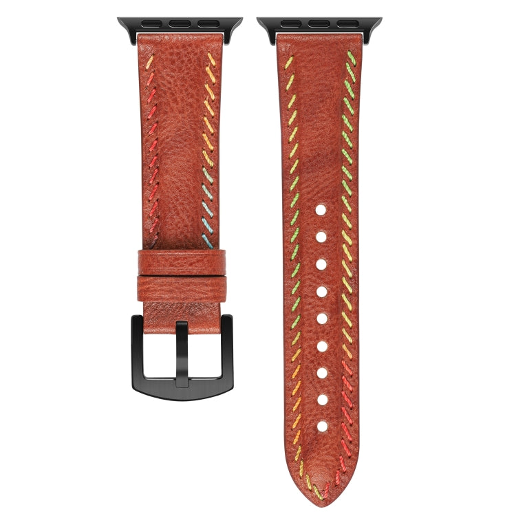 For Apple Watch Ultra 49mm Colorful Sewing Thread Leather Watch Band(Brown)