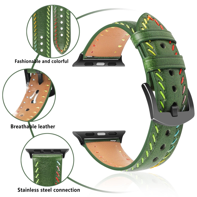 For Apple Watch Series 8 45mm Colorful Sewing Thread Leather Watch Band(Green) - Watch Bands by PMC TechLife | Online Shopping South Africa | PMC TechLife