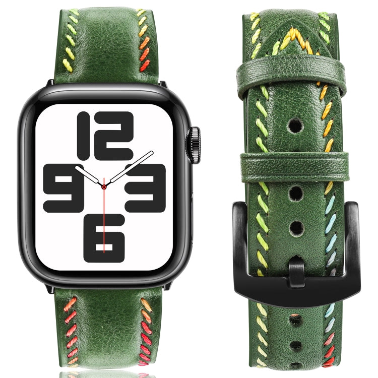 For Apple Watch Series 8 45mm Colorful Sewing Thread Leather Watch Band(Green) - Watch Bands by PMC TechLife | Online Shopping South Africa | PMC TechLife