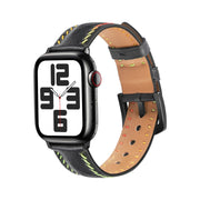 For  Apple Watch Series 5 44mm Colorful Sewing Thread Leather Watch Band(Black)