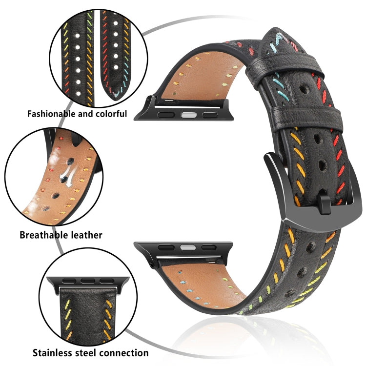 For  Apple Watch Series 5 44mm Colorful Sewing Thread Leather Watch Band(Black) - free shipping - PMC TechLife - Order now!