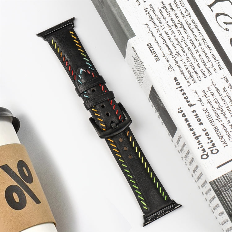 For  Apple Watch Series 5 44mm Colorful Sewing Thread Leather Watch Band(Black) - free shipping - PMC TechLife - Order now!