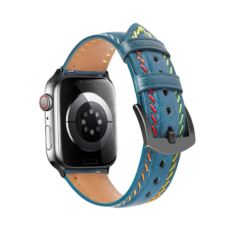 For Apple Watch Series 3 38mm Colorful Sewing Thread Leather Watch Band(Blue) - Watch Bands by PMC TechLife | Online Shopping South Africa | PMC TechLife